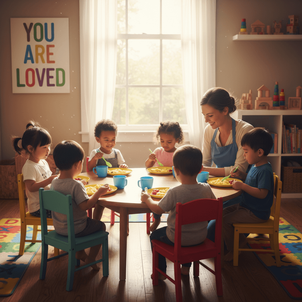 Diverse young children and a smiling teacher eating lunch together in a bright classroom.